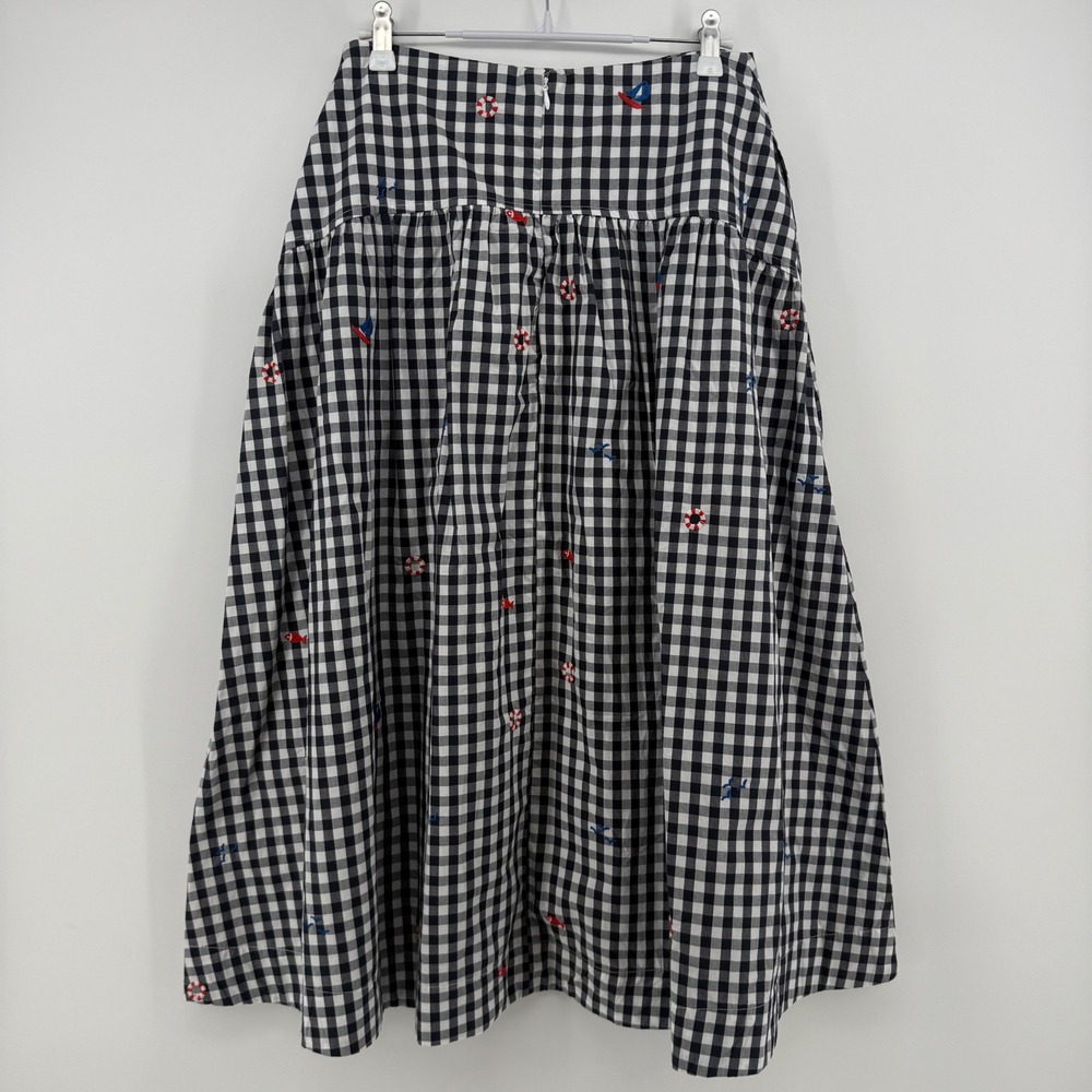 Free Assembly Women B/W Gingham Nautical Embroidered Midi Skirt Size 2 NWT